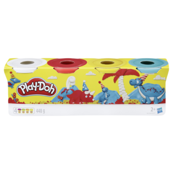Czteropak Play-Doh ciastoliny w tubach: białej, czerwonej, żółtej, niebieskiej, na pudełku dinozaury.