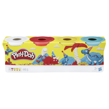Czteropak Play-Doh ciastoliny w tubach: białej, czerwonej, żółtej, niebieskiej, na pudełku dinozaury.