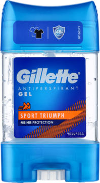 Przezroczysty antyperspirant Gillette Sport Triumph w niebieskim opakowaniu, widok z przodu, z etykietą i widocznym żelem.