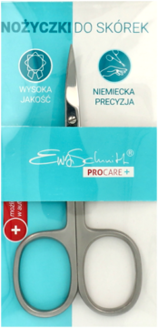 Nożyczki do skórek Ewa Schmitt PROCARE+ ze stali nierdzewnej, w biało-niebieskim opakowaniu, front.
