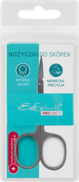Nożyczki do skórek Ewa Schmitt PROCARE+ w przezroczystym opakowaniu, z szarymi rączkami, widok z przodu.