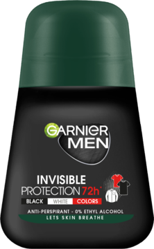 Czarny Garnier Men Invisible Protection 72h antyperspirant roll-on, zielona nakrętka, chroni ubrania przed śladami.