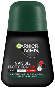Garnier Men Invisible Protection 72h antyperspirant w kulce, czarna butelka z ciemnozieloną nakrętką, widok z przodu.