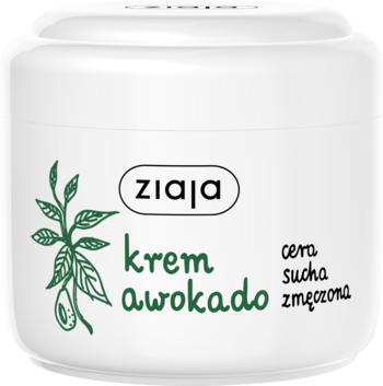 Biały słoiczek kremu Ziaja Awokado do cery suchej i zmęczonej, z zielonymi liśćmi, widok z przodu.