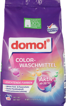 domol Proszek do prania tkanin kolorowych 1350g, fioletowa torba z barwnym wzorem, aktywny od 20°C.