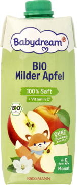 Babydream BIO Mild Apple 100% Juice carton, green cap, red apples and fox character, front view.