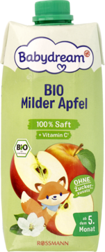 Babydream BIO Mild Apple 100% Juice carton, green cap, red apples and fox character, front view.