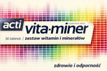 Pudełko Acti Vita-Miner suplementu diety, 30 tabletek, na tle kolorowych, pikselowych kwadratów, widok z przodu.