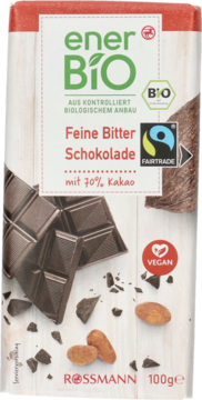 Tabliczka gorzkiej czekolady enerBIO 70% kakao w biało-czerwonym opakowaniu, z logo BIO i wegańskim symbolem, z przodu.