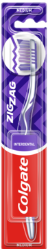Colgate ZigZag Interdental MEDIUM szczoteczka do zębów w fioletowo-czerwonym blistrze, widok z przodu.