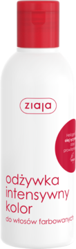 Ziaja odżywka Intensywny Kolor w białej butelce z czerwoną nakrętką, widok z przodu, dla włosów farbowanych.