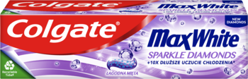 Front opakowania pasty Colgate MaxWhite Sparkle Diamonds, czerwone logo, fioletowe tło z bąbelkami i błyskiem.