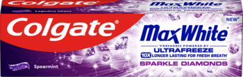 Fioletowe opakowanie pasty Colgate Max White Sparkle Diamonds, czerwone logo, niebieski napis. Widok z przodu. Obiecuje biel i długotrwałą świeżość.