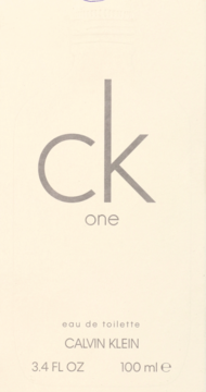 Białe pudełko Calvin Klein One eau de toilette, widok z przodu, z szarym logo "ck one" i pojemnością 100 ml.