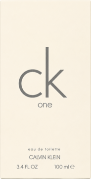 Calvin Klein One cytrusowa woda toaletowa, beżowe pudełko z szarym logo, widok z przodu.