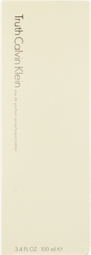 Upright off-white box for Truth Calvin Klein eau de parfum, 100ml, with minimalist vertical branding text.