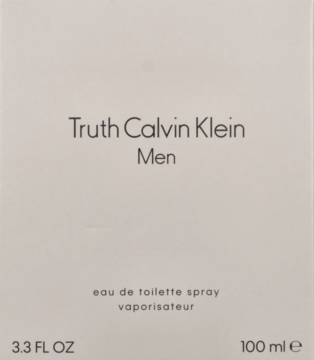 Truth Calvin Klein Men woda toaletowa, beżowe kartonowe pudełko 100 ml z czarnym napisem, widok z przodu.