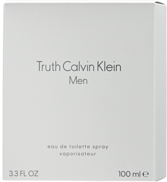 Białe pudełko Calvin Klein Truth Men woda toaletowa 100ml, z szarym tekstem, widok lekko z boku.