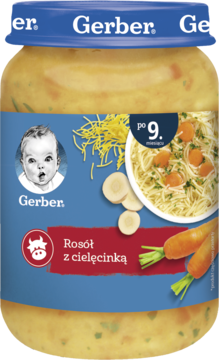 Słoik Gerber Rosół z cielęcinką dla niemowląt po 9 miesiącu, z widocznym błękitnym wieczkiem i etykietą.