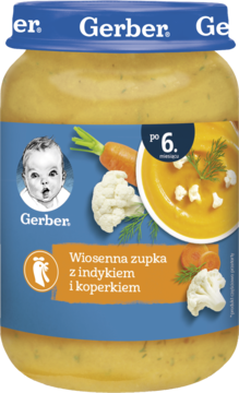 GERBER ,danie w słoiczku, Wiosenna zupka z indykiem i koperkiem, po 6.m-cu,przód