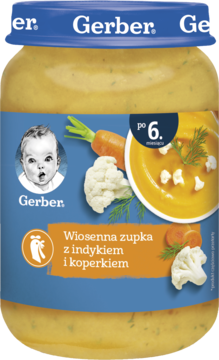 Gerber zupka wiosenna z indykiem i koperkiem, dla niemowląt po 6. miesiącu, w szklanym słoiczku, widok z przodu.