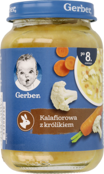 Gerber Kalafiorowa z królikiem, słoik dla niemowląt, niebieska etykieta z grafiką warzyw i królika, widok z przodu.