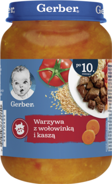Słoiczek Gerber Warzywa z wołowinką i kaszą, z niebieską nakrętką, dla dzieci po 10. miesiącu, widok z przodu.