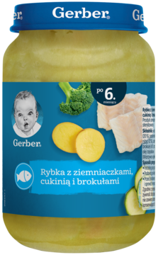 Słoiczek Gerber Rybka z ziemniaczkami, cukinią i brokułami po 6. miesiącu, widok z przodu.