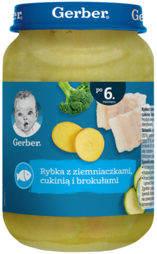 Słoiczek Gerber Rybka z ziemniaczkami, cukinią i brokułami po 6. miesiącu, widok z przodu.