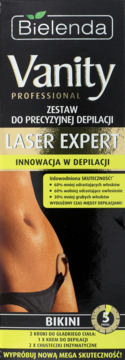 Czarne opakowanie Bielenda Vanity Laser Expert, zestaw do precyzyjnej depilacji bikini, widok z przodu.
