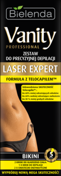 Bielenda Vanity Laser Expert, zestaw do precyzyjnej depilacji bikini z Telocapilem, czarno-złote opakowanie.