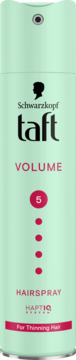 Schwarzkopf Taft Volume Hairspray, light mint green can with pink accents, front view. For thinning hair, hold 5.