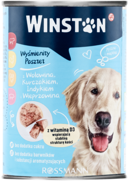 Winston karma dla psów, pasztet z 4 rodzajami mięs, w niebieskiej puszce z psem, widok z przodu.