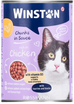 Winston karma mokra dla dorosłych kotów z kurczakiem, fioletowa puszka z wizerunkiem kota, widok z przodu.