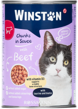Winston Chunks in Sauce z wołowiną, fioletowa puszka z grafiką czarno-białego kota, widok frontalny.