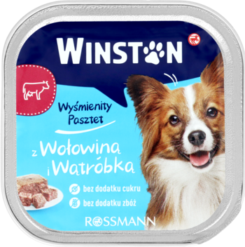 Niebieskie opakowanie karmy Winston dla psa, pasztet z wołowiną i wątróbką, bez zbóż i cukru, widok z góry.