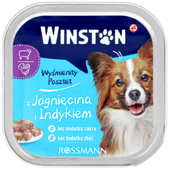 Winston pasztet dla psów z jagnięciną i indykiem, bez cukru i zbóż. Niebieskie opakowanie z psem.