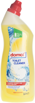 Domol płyn do WC Cytrynowy, żółta butelka 1L z czerwoną nakrętką, widok od frontu.