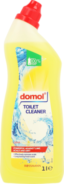Żółty płyn Domol Toilet Cleaner cytrynowy, widok z przodu, usuwa kamień i brud, z czerwoną nakrętką.