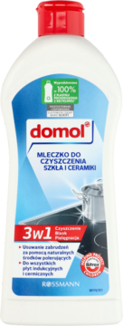 Domol mleczko do czyszczenia płyt ceramicznych w białej butelce z czerwoną nakrętką, widok z przodu.
