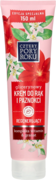 Różowy krem glicerynowy Cztery Pory Roku 150 ml, regenerujący, z witaminami i granatem, w tubce z kwiatami.
