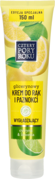 Glicerynowy krem do rąk i paznokci Cztery Pory Roku z cytryną i limonką, żółta tubka 150ml, widok z przodu.