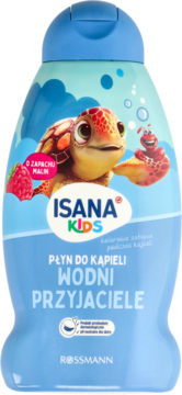 Niebieski płyn do kąpieli Isana Kids Wodni Przyjaciele z żółwiem, o zapachu malin. Widok z przodu.