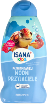 Niebieski płyn do kąpieli Isana Kids Wodni Przyjaciele z żółwiem, o zapachu malin. Widok z przodu.
