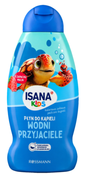 Isana Kids Płyn do kąpieli o zapachu malin. Niebieska butelka z żółwiem i robalem, widok z przodu.