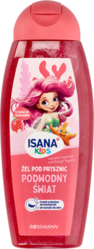 ISANA KIDS żel pod prysznic truskawkowy w czerwonej butelce z syrenką i brokatem, widok z przodu.