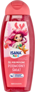 ISANA KIDS żel pod prysznic truskawkowy w czerwonej butelce z syrenką i brokatem, widok z przodu.