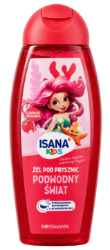 ISANA KIDS żel pod prysznic 'Podwodny Świat' w czerwonej butelce z brokatem, syrenką, zapach truskawek.