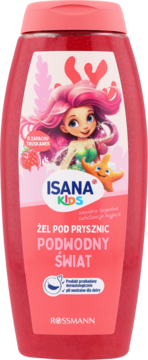 Różowy żel pod prysznic Isana Kids Podwodny Świat z grafiką syrenki, truskawkowy zapach, przód opakowania.