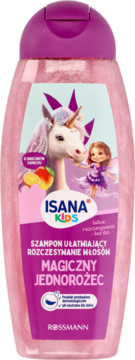 Różowy szampon Isana Kids Magiczny Jednorożec, ułatwiający rozczesywanie, z etykietą jednorożca i wróżki, widok z przodu.